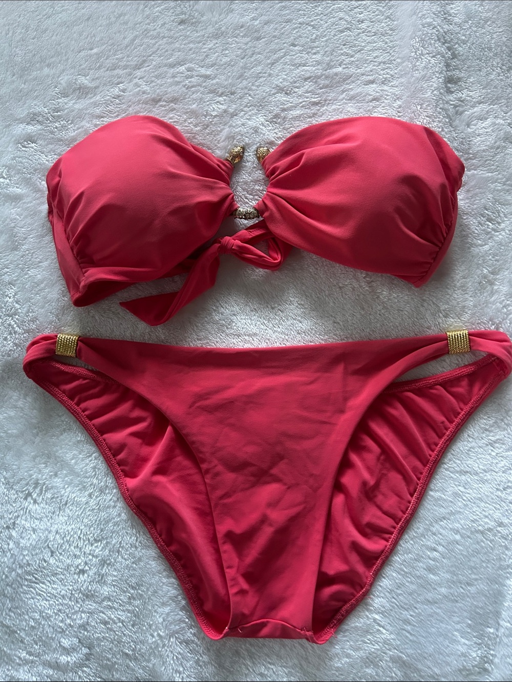 Hot pink Strapless Bikini Set with Gold Accents